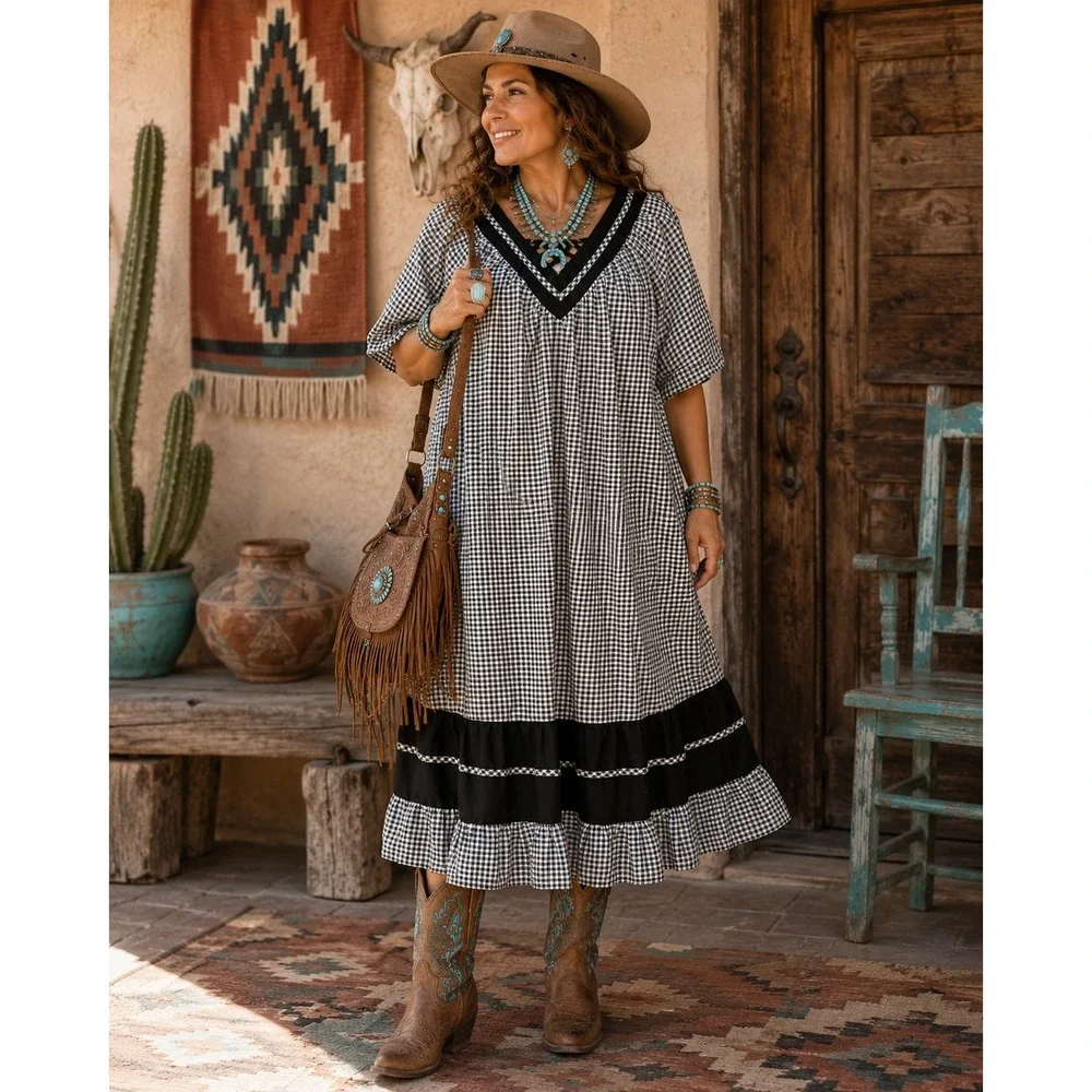 Vintage Womens Gingham Dress 3X Black White Lattice Prairie Southwestern Muumuu